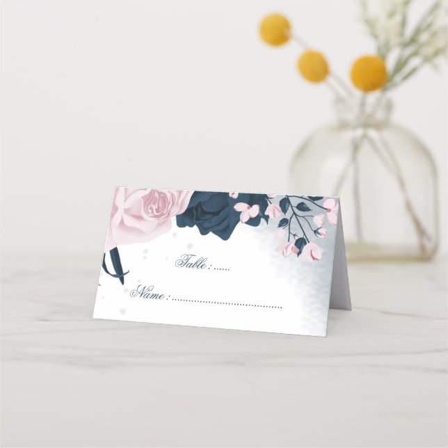 Cartão De Mesa Marinho romântico e flores cor-de-rosa (Frente)