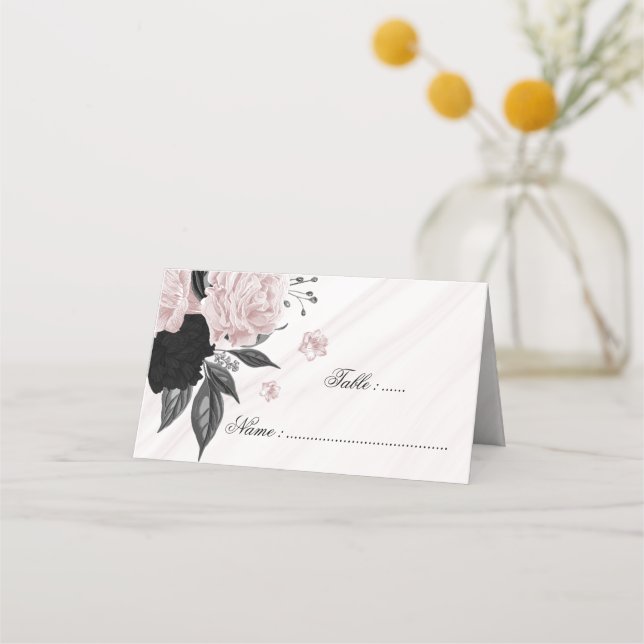 Cartão De Mesa mármore floral preto e rosa (Frente)