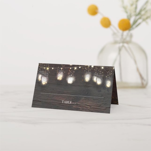 Cartão De Mesa Mason Jar Lights Rustic Wedding (Frente)