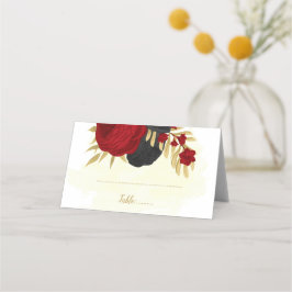 Cartão De Mesa matrimônio botânico vermelho escuro e flores preta