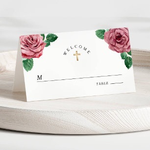 Cartão De Mesa Menina Rosa Floral Primeira Comunhão Religiosa Men