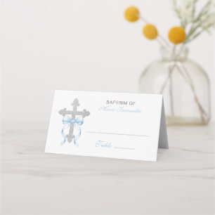 Cartão De Mesa Menino Elegante Batismo Laço Azul Cruz Prata Brilh