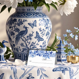 Cartão De Mesa Mesa de Aves Florais Brancas de Chinoiserie Azul