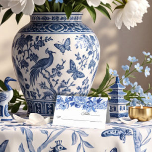 Cartão De Mesa Mesa de Aves Florais Brancas de Chinoiserie Azul