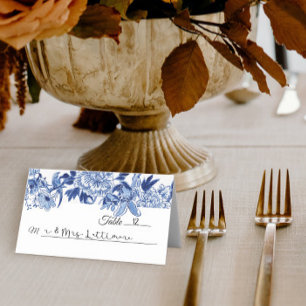 Cartão De Mesa Mesa de Aves Florais Brancas de Chinoiserie Azul