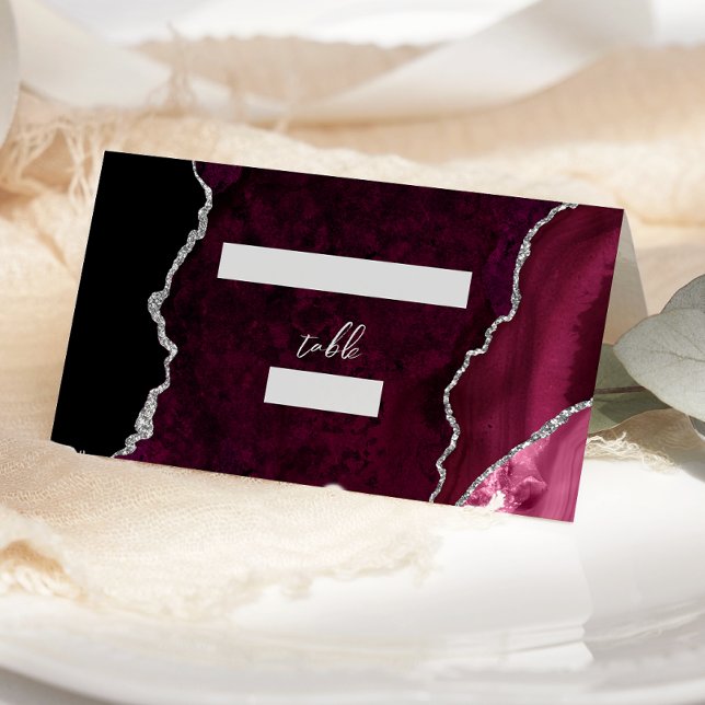 Cartão De Mesa Mesa de Casamento Burgundy Silver Agate Script (Criador carregado)