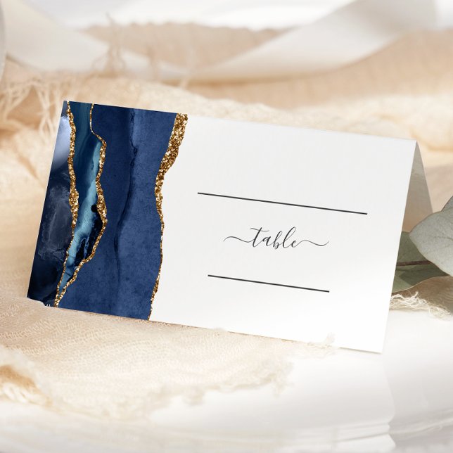 Cartão De Mesa Mesa de Casamento Chic Azul Navy Ágata Dourada (Criador carregado)