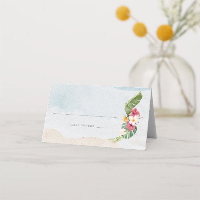 Cartão De Mesa Mesa de Casamento de Praia com Flor Tropical (Frente)