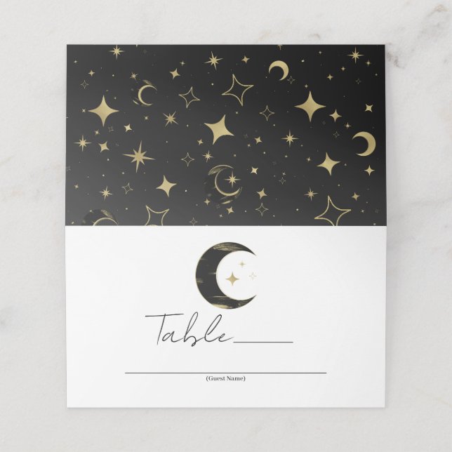 Cartão De Mesa Mesa de Casamento Estrelas Lua Celestial Preto e D (Exterior/Desdobrado)
