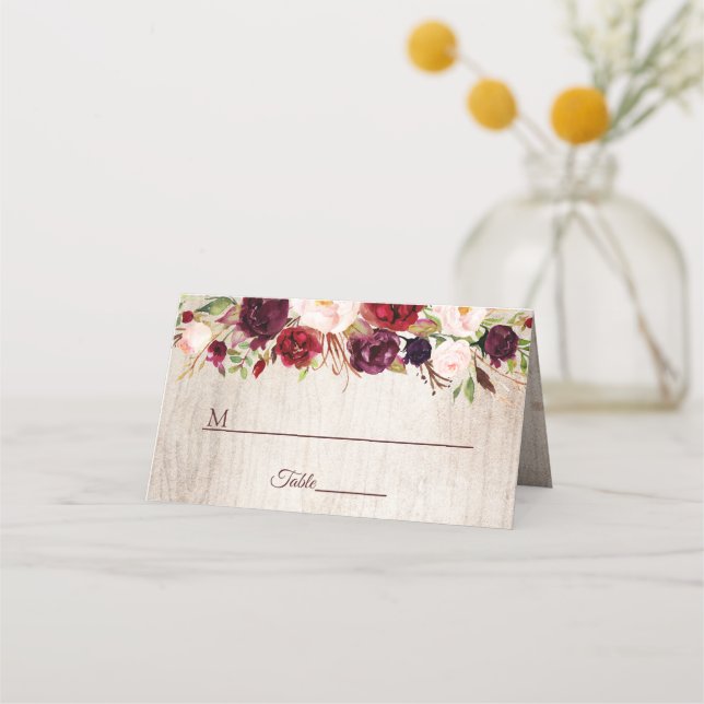 Cartão De Mesa Mesa De Casamento Floral Rustic Wood Burgundy Blus (Frente)