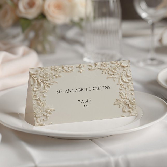 Cartão De Mesa Mesa de Marfim com Floral em Relevo Creme (Cream Embossed Floral Scroll Ivory Table Place Card)