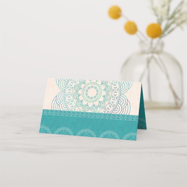 Cartão De Mesa Mesa Elegante de Casamento Teal Boho Mandala (Frente)