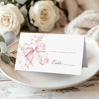 Cartão De Mesa Mesa Floral com Laço Rosa Elegante e Pérolas