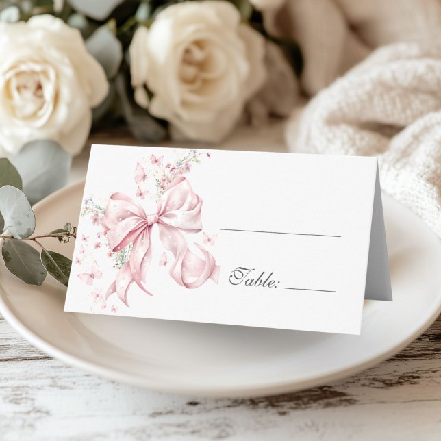 Cartão De Mesa Mesa Floral com Laço Rosa Elegante e Pérolas (Coquette Pink Bow Pearls Floral place card)