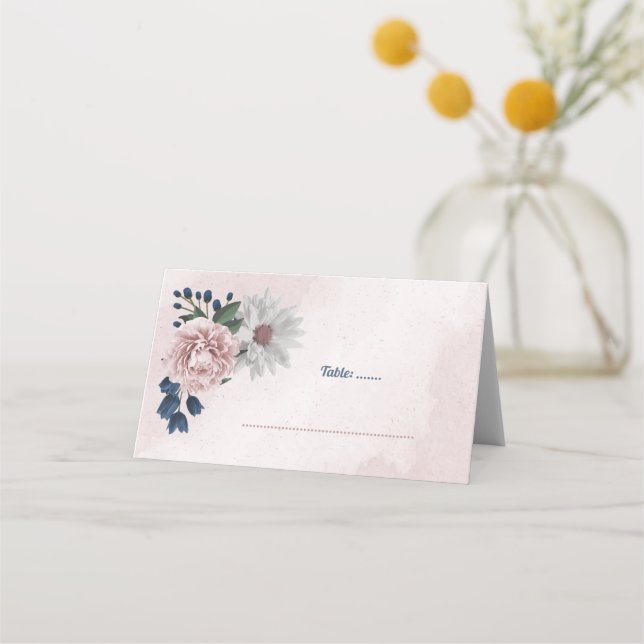 Cartão De Mesa mesa floral romântica azul-rosa e branca (Frente)