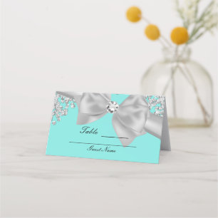 Cartão De Mesa Mesa Glam Diamantes Laço Branco Grande Azul