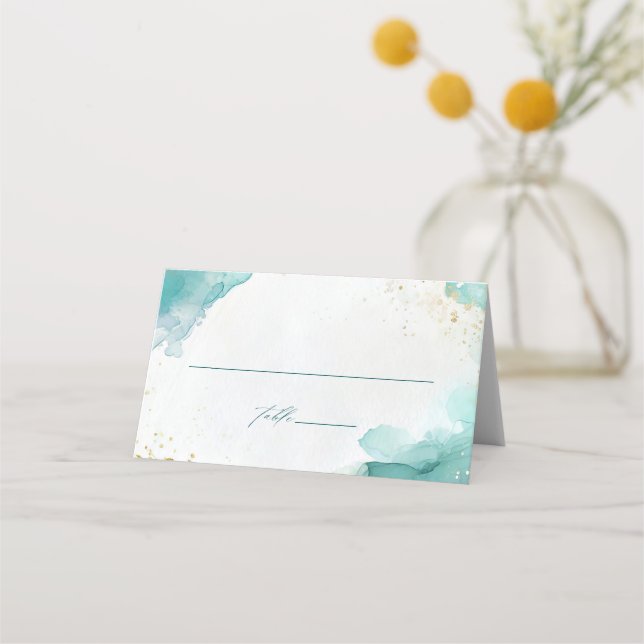 Cartão De Mesa Modern Teal Gold Abstract Beach Wedding (Frente)