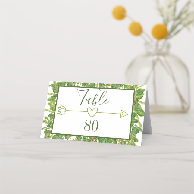 Cartão De Mesa Modern Watercolor Greenery Wedding (Frente)