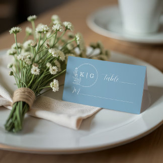 Cartão De Mesa Monograma de Casamento Elegante Azul Dobrado