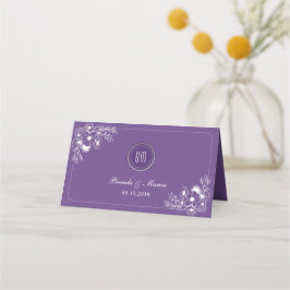 Cartão De Mesa Monograma de Floral Roxo de Casamento
