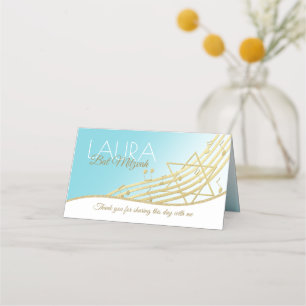 Cartão De Mesa Music Bat Mitzvah Blue e Dourada Seating Card
