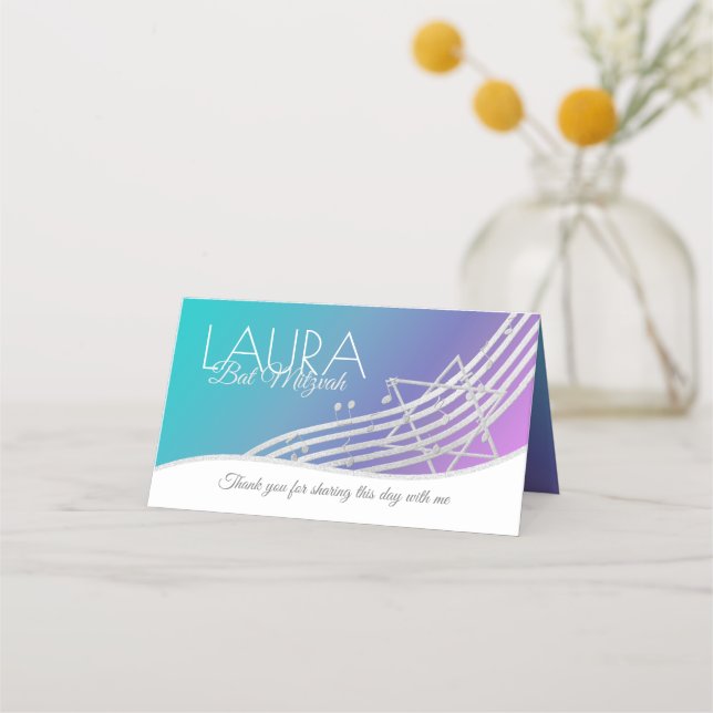 Cartão De Mesa Music Bat Mitzvah Silver Music Notes Seating Card (Verso)