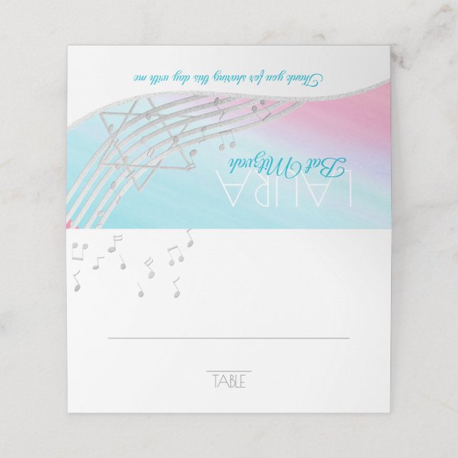 Cartão De Mesa Music Bat Mitzvah Silver Music Notes Seating Card (Exterior/Desdobrado)