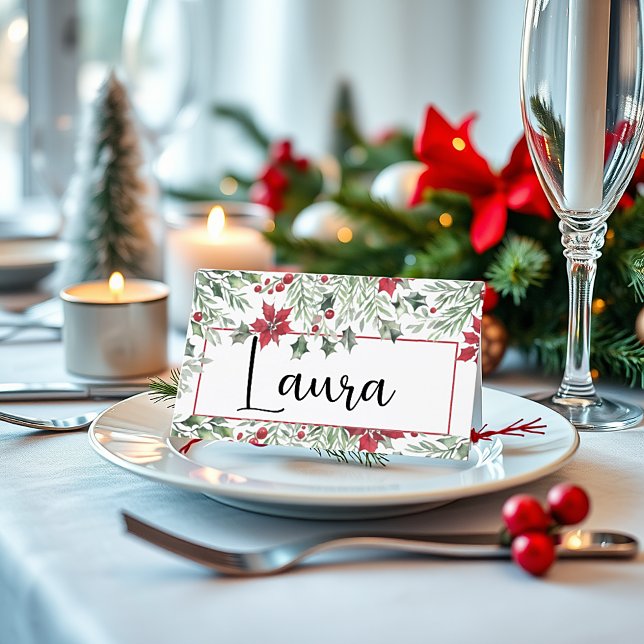 Cartão De Mesa Natal aquarela de azevinho (Criador carregado)