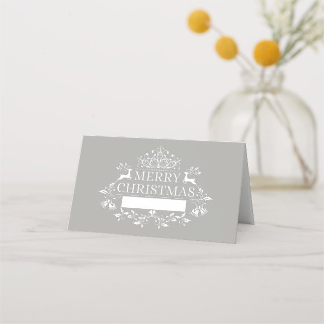 Cartão De Mesa Nome da Festa de Natal Place Card-Silver Cinza (Frente)