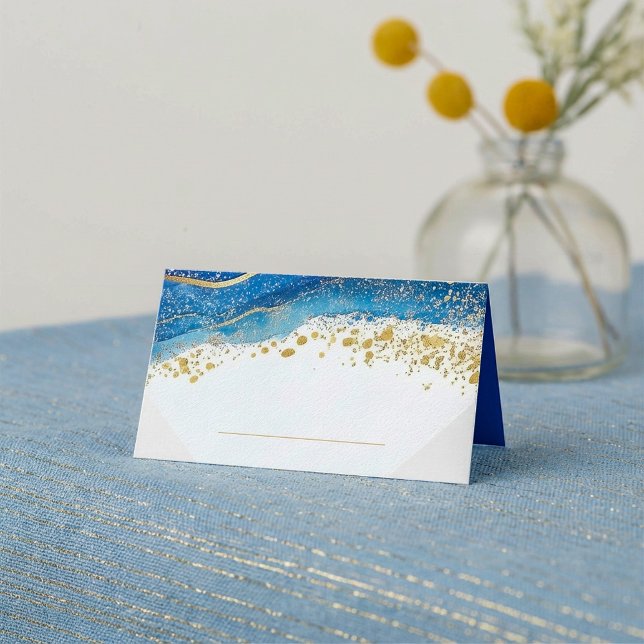 Cartão De Mesa Nome da Mesa Elegante Azul e Dourada de Aquarela (Elegant Blue and Gold Watercolor Table Name Place Card.)