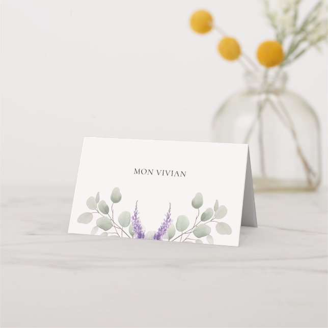 Cartão De Mesa Nome das Folhas de Eucalyptus Lavanda Elegante (Frente)