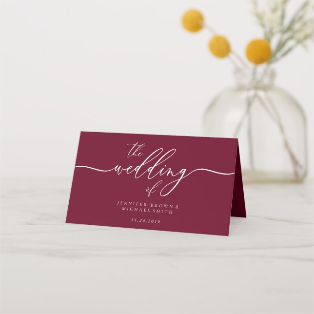 Cartão De Mesa Nome de Casamento Simples Borgonha (Verso)