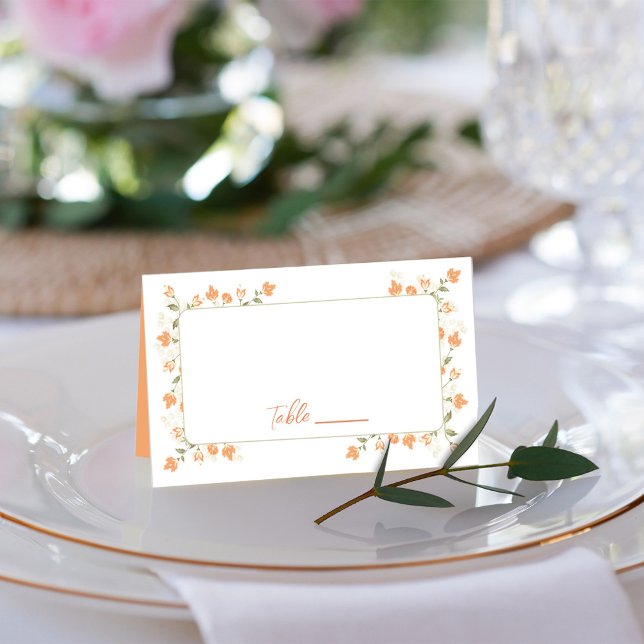 Cartão De Mesa Nome do Convidado de Casamento de Pêssego e Número (Peach floral foliage calligraphy script table number card.)