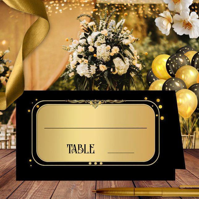 Cartão De Mesa Número da Tabela de Casamento de Confetti Dourada  (Wedding place card in art deco style featuring a gold black design with sparkling gold confetti)
