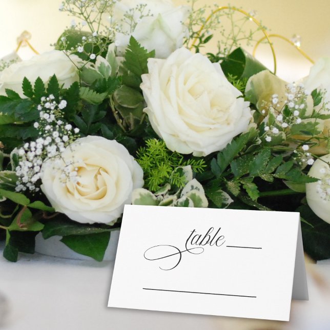 Cartão De Mesa Número de Mesa de Casamento em Script Simples e El (Simple elegant script wedding table number place card with spaces to write in table number and name.)