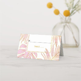 Cartão De Mesa O rosa tropical deixa a escolta dobrada de casamen