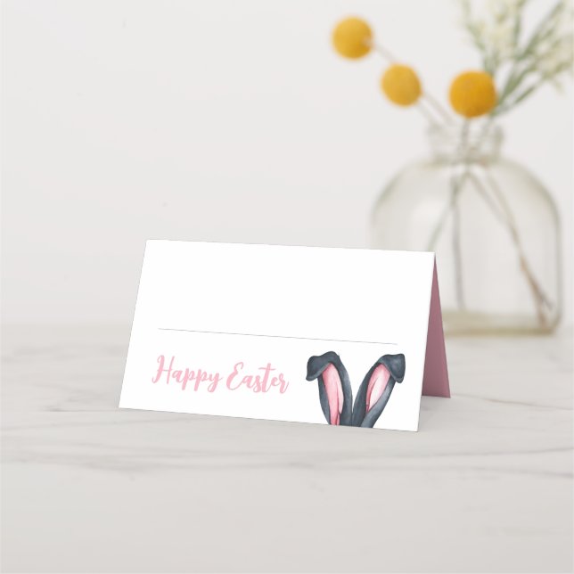 Cartão De Mesa Orelhas de Coelho Rosa Fofo Feliz Páscoa (Frente)