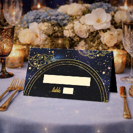 Cartão De Mesa Ouro azul astronomia celeste estrelas casamento