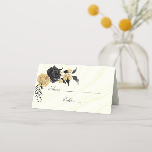 Cartão De Mesa ouro elegante e flores pretas (Frente)