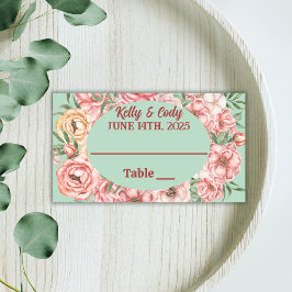 Cartão De Mesa Oval da Flor Rosa e Beige no Casamento Verde Claro