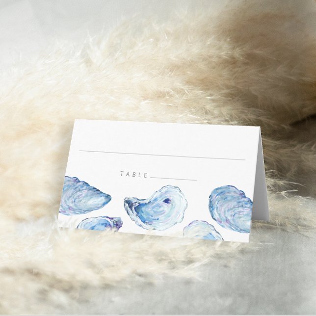 Cartão De Mesa Oyster Blue Watercolor Beach Wedding Vinculado (Oyster Wedding Folded Place Cards with elegant blue watercolor illustration from Concertina Press)