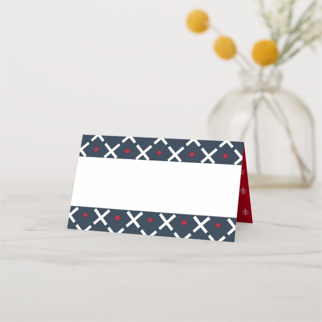 Cartão De Mesa Padrão de Feriado Vermelho e Azul Moderno | Comemo (Verso)