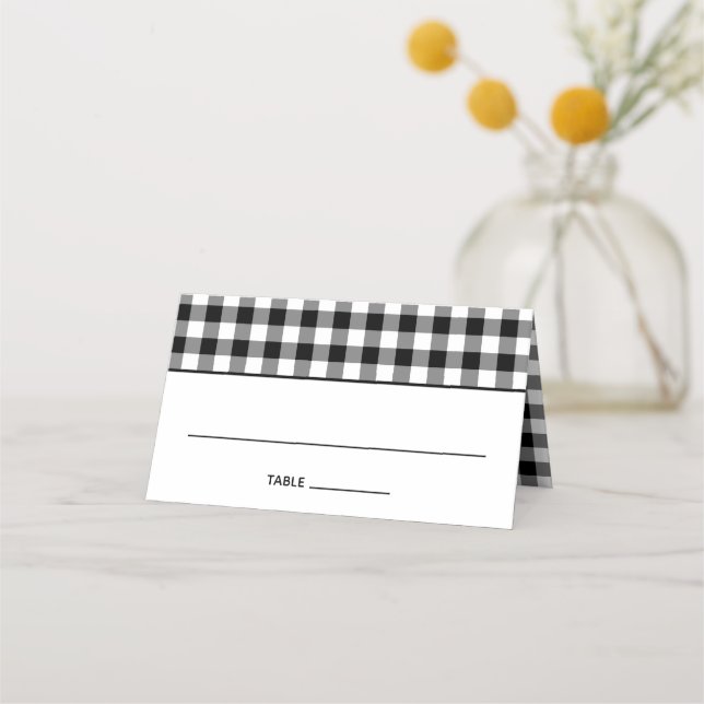 Cartão De Mesa Padrão de Gingham de País Negro e Branco (Frente)