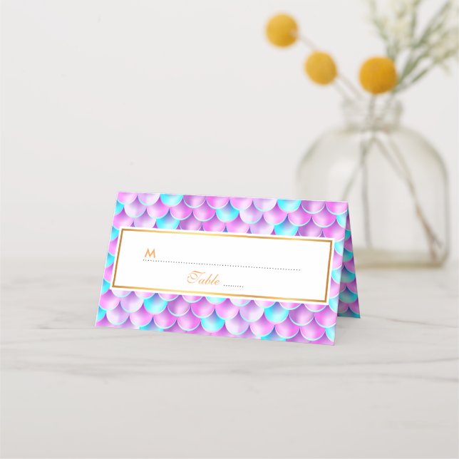 Cartão De Mesa Padrão de sereia holográfico azul púrpura (Frente)