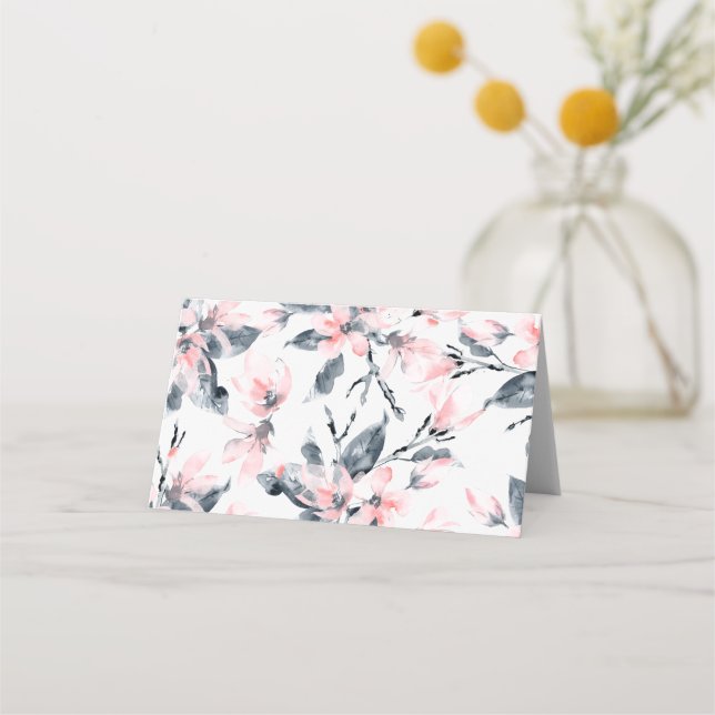Cartão De Mesa Padrão Floral de Aquarela Rosa e Cinza (Frente)