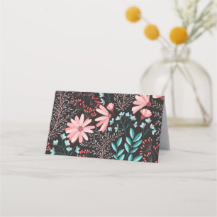 Cartão De Mesa Padrão Floral Rosa e Escuro-Teal
