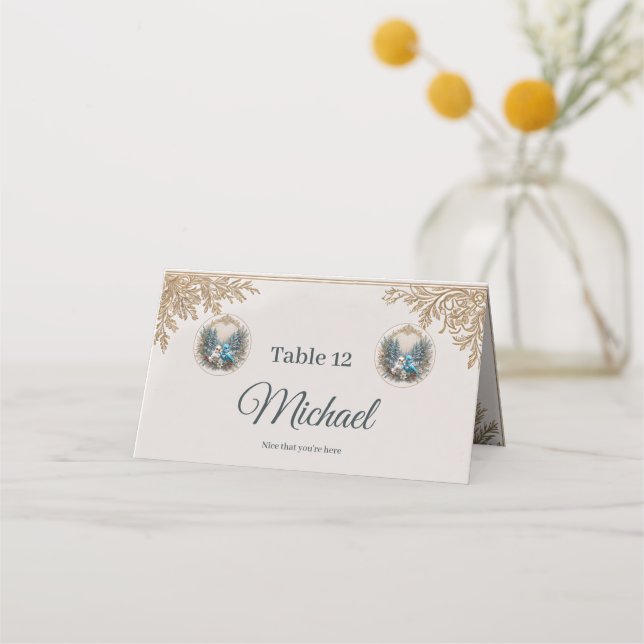 Cartão De Mesa Paisagem de inverno com casal de casamento de páss (Frente)