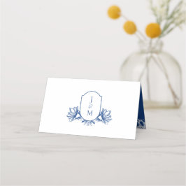 Cartão De Mesa Paixão do Monograma Botânico Branco e Azul Elegant