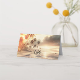 Cartão De Mesa Palmeiras & Pôr do Sol Laranja Casamento na Praia
