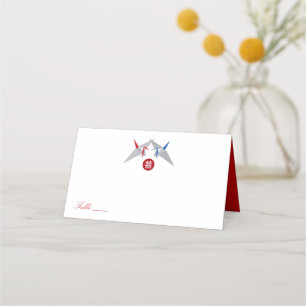 Cartão De Mesa Papel Origami Vermelho e Azul Gruas Casamento Asiá